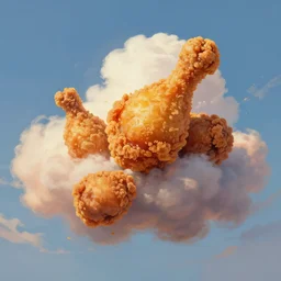 fried chicken clouds in the sky, digital painting masterpiece by rembrandt and mœbius