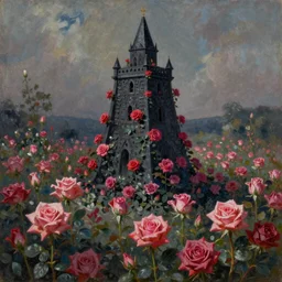 The dark tower surrounded by a field of roses, oil painting, detailed, trending on artstation