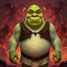 lofi portrait of shrek as the doom slayer, demons, hell, pixar style, by tristan eaton stanley artgerm and tom bagshaw.