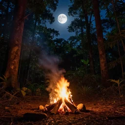 amazon rainforest at night, campfire, moon in the sky,