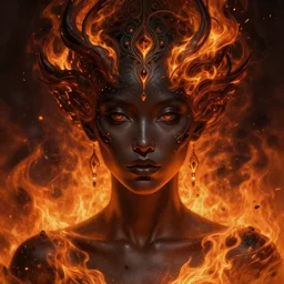 stunning goddess of fire portrait, dark skin, ashes, ember, fantasy, intricate, elegant, highly detailed, symmetrical face, digital painting, artstation, concept art, smooth, sharp focus, illustration, art by krenz cushart and artem demura and alphonse mucha