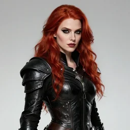 Beautiful Rogue lady, red hair, Black leather armor, high fantasy, Katherine mcnamara inspired, very detailed face, high fantasy, matte painting, by Frank Franzzeti, trending on Artstation, trending on Deviantart, artstationHQ, cgscoiety, artstationHD, full color, ultra HD, 8k