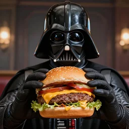 Darth Vader eating a cheeseburger, photo realistic, award-winning, highly-detailed