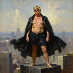 rippling physique starving donald trump wearing a black leather cape sunglasses whilst standing atop a skyscraper jamie wyeth greg rutkowski winslow homer thomas eakins jean helion oil painting