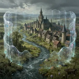 a downtrodden medieval town by a river in a swamp surrounded by a magical transparent barrier, 4k, by Greg Rutkowski, fantasy, mix of celtic and Rus architecture, magic bubble barrier, cinematic
