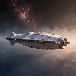 photorealistic wide shot of USCSS Nostromo spaceship, in space, bokeh, Hubble photo background, inspired by Ridley Scott, Giger, , octane render, 4k, volumetric lighting, mist, twilight, detailed