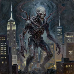an oil painting of biopunk aether monster that consumes new york city in style of lovecraftian horror by simon bisley