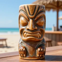 a closeup photorealistic photograph of a trader vic's tiki mug in the style of twinkie the kid at the beach bar. bright scene. fine detail. this 4 k hd image is trending on artstation, featured on behance, well - rendered, extra crisp, features intricate detail, epic composition and the style of unreal engine.