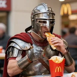 roman centurion eating at a mcdonalds, swag