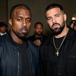 A photo of Kanye West and Drake on the set of a music video, 8K concept art, realistic faces, detailed, f/35,