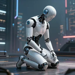 a male android, white shiny surface, kneeling down in mourning. cyberpunk city background.