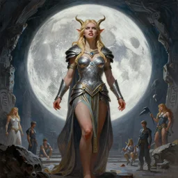 A mixed media painting of the beautiful blonde goddess of the moon, very aesthetic, curvy, detailed face, elven armor, by Frank Frazetta, Greg Rutkowski, Boris Vallejo, Beeple, Yoko Taro, Christian MacNevin, epic fantasy character art, goddess of anger, viking runes, high fantasy, CGsociety, full length, exquisite detail, post-processing, masterpiece, cinematic, odin's stone arena background