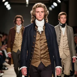 a 2 1 st century fashion show featuring men's wear based in 1 7 5 0's england, fashion photography, elaborate lights. realistic faces, accurate details