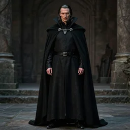 mads mikkelsen as a vampire, male, late - 4 0 s aged, long, slicked black hair, clean shaven, wearing a cape, regal, royal, grim facial expression, high medieval fantasy, full color digital art, cinematic shot, full body shot.