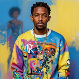 portrait of kendrick lamar in a sweatshirt in the style of jean basquiat, colorful, artistic, vibrant, high fashion, art