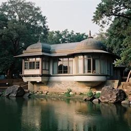 a beautiful masterpiece indian house with large windows, on a lake, surrounded by trees and rocks, in central india, by alex webb, by gregory crewdson, featured on architecture daily, shot on large format film, grainy, cinematic composition, beautiful volumetric lighting, no frames