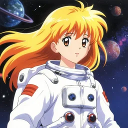dreamy portrait of a young astronaut girl, flowing hair,  Makoto Shinkai, Hisashi Eguchi, Murata Range, synthwave, kawaii,bright colors, big anime eyes,studio lighting, manga, anime, 1980s, vibrant, gradation, Jean Giraud, Mucha,((space  background planets nebula space-station))