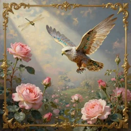 tiny whimsical eagles with dragonfly wings in a garden flying over rose bushes, ornate gilded details, pastel colors, a surrealist painting, wiccan, featured on cgsociety, pop surrealism, surrealist, dramatic lighting