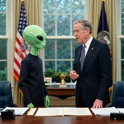 an alien is talking with president bush, in oval office, realistic