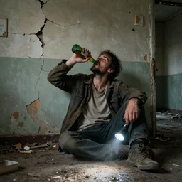 homeless guy drink beer bottle in an abandoned dirty dusty hotel, cracked wall, rotten room, flashlight, hyperdetailed, artstation, cgsociety, 8 k