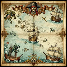 a 1 7 2 0 s pirate map of the caribbean sea with sea - monsters and ornate illustrations of ships.