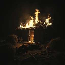 spirit photography of an burning old farmers hut in the dolomites, william hope, farmer with seizure lying on the ground, farmer tools, wooden cross, bones, haystack, dark, eerie, grainy