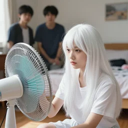 a young girl white hair in front of a fan of her bedroom, in a heat day, by dustin nguyen, akihiko yoshida, greg tocchini, greg rutkowski, cliff chiang, 4 k resolution, trending on artstation