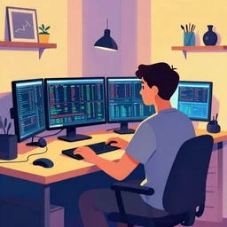 a young man sitting on his computer in his messy bedroom staring at several computer monitors showing crypto trades, illustration, colourful, chill,