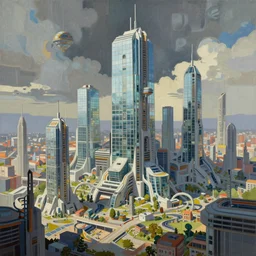 painting of scifi tech cityscape, buildings made of glass from exploration, big medium small, artstation, colored marker, paper collage, andreas achenbach, concept art