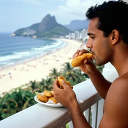 Eating a Acarajé on the balcony watching the Brazil Beachs, photo made by Slim Aarons, award winning,