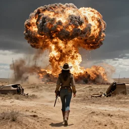 cowgirl walking towards a nuclear explosion, hellscape, apocalyptic, cinematic, epic