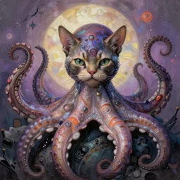 psychedelic highly detailed octopus cat chimera, 4 k, unholy fusion octopus cat, digital painting, matte finish, more cat