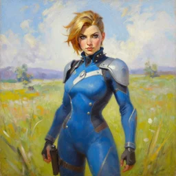 oil painting of tracer overwatch in a field wearing blue uniform and black spiked collar, in style of ivan aivazovsky, expressive face, detailed face, detailed eyes, full body, feminine face, tracer overwatch,