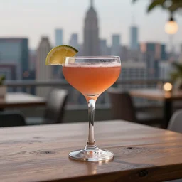 5 5 mm photo of best long cocktail on a wooden table with the new york city skyline in the background. dof. bokeh. magical atmosphere. highly detailed 8 k. intricate. lifelike. soft light. nikon d 8 5 0.