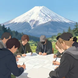 hacker conference in the mountain. collaborative artwork by yoji shinkawa, yoshikata amano, greg ruthowski, alphonse murac, beautiful and ultrafine detailed, artstation
