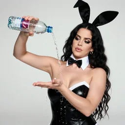 detailed photo of lana del rey wearing a playboy bunny outfit emptying a bottle of water over herself, 8 k, by greg rutkowski, artgerm, global illumination