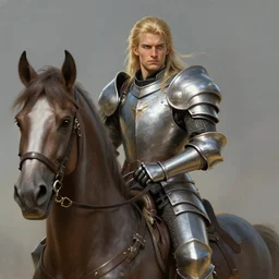portrait, handsome long - haired male fantasy paladin in shining armor on an armored horse, blond, rpg game, stern expression, main character, highly detailed, digital painting, artstation, concept art, smooth, sharp focus, illustration, artgerm, tomasz alen kopera, peter mohrbacher, donato giancola, joseph christian leyendecker, wlop, frank frazetta