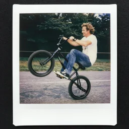 Polaroid of Don Johnson doing a stoppie on his mongoose BMX with skyway mag wheels