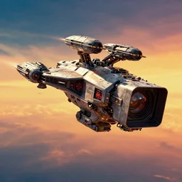 a gigantic hard surface digital movie camera shaped spaceship with ion drives floating in the sky, maschinen krieger, ilm, beeple, star citizen halo, mass effect, transformers, elysium, warm saturated colours