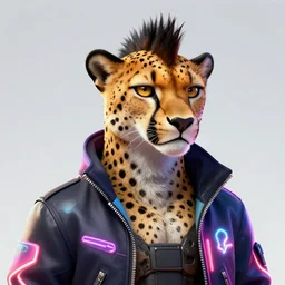 a beautiful commission of an anthropomorphic cheetah wearing a neon jacket,futuristic,detailed face,character design by charles bowater,mohawk,cyberpunk style,deviantart,artstation,art by greg rutkowski,ross tran,professional lighting,neon city,night,raytracing,rtx,award winning,western comic style,shaep lineart,cg society