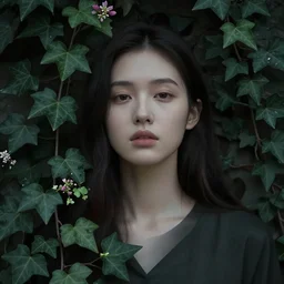 stylized portrait of an artistic pose, composition, dark mysterious young lady, cinematic moody colors, ivy, flowers, one single head, realistic shaded, fine details, realistic shaded lighting poster by ilya kuvshinov, magali villeneuve, artgerm, jeremy lipkin and michael garmash and rob rey