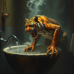 fierce frog tiger stalks it's prey in the steamy bathroom basin, atmospheric lighting, dramatic, intricate painting by greg rutkowski, ruan jia, tom bagshaw