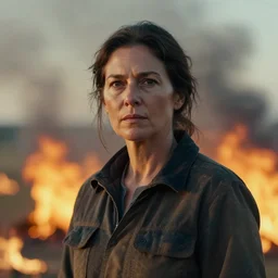 a cinematic headshot portrait of a middle aged woman stood in a fire filled field, ultra realistic, depth, beautiful lighting