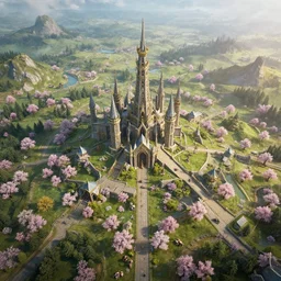 beautiful render of kingdom of larion in spring, unreal engine, fantasy style, epic landscape, drone shot, soft light, by greg rutkowski, cgsociety