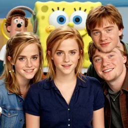 A badass photo of emma watson, daniel radcliffe and Rupert Grint in a spongebob adventure movie by nuri iyem, james gurney, james jean, greg rutkowski, anato finnstark. hyper detailed, 50mm, award winning photography, perfect faces.