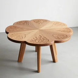norwegian design furniture of a wood table in flower shape carved wood intricate