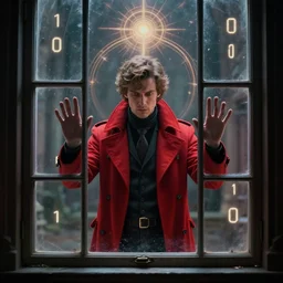 prophet in a red coat looking through the window. breaking out of the matrix. 0 0 1 0 1 1 0. august 2 7 th, 2 0 2 2 by beeple, thomas kinkade, mystical symbols, occult, stanley artgerm lau, octane render, spiritual art, digital art, trending on artstation, concept art, symmetrical, spiritualist