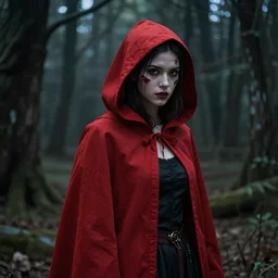 cinematic, fierce red riding hood with a scar on her face standing in a dark forest, dark, 4k, artstation, highly rendered, beautiful, high resolution