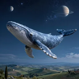 highly detailed cinematic scifi render of flying whales over the skies of tuscany, starry night, planets, hyper detailed, digital art, trending in artstation, cinematic lighting, studio quality, smooth render, unreal engine 5 rendered, octane rendered, art style by klimt and nixeu and ian sprigger and wlop and krenz cushart, artstation unreal.