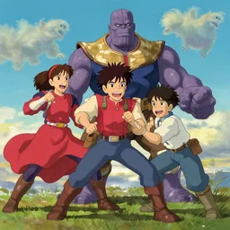 studio ghibli image of marvel's the avengers fighting thanos